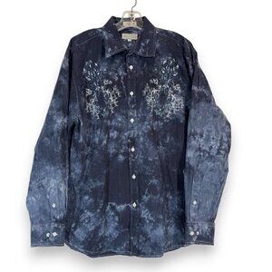 Button Up  Shirt Grunge Blue Black Graphic Y2K Streetwear Large